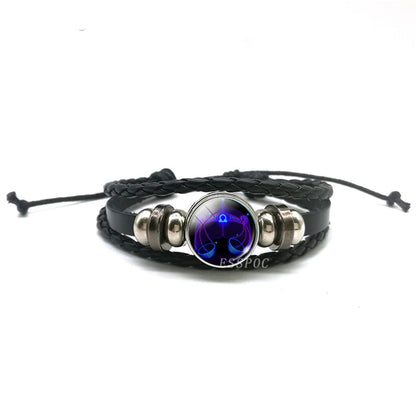 Men’s Zodiac Sign Leather Bracelet | 12 Constellation Black Braided Wrap | Punk Style Multilayer Bracelet for Birthday Gifts