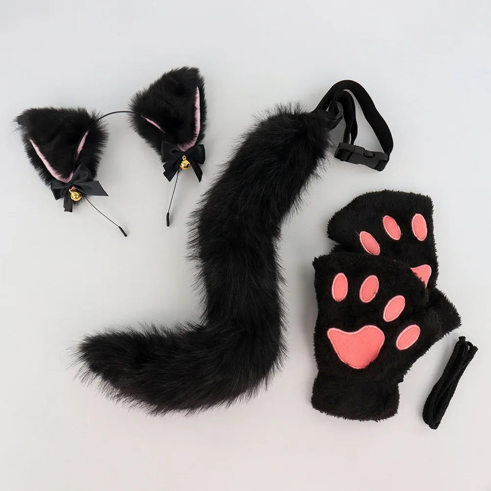 Halloween Cat Costume Set for Girls - 3-Piece Cosplay Headband Tail & Gloves