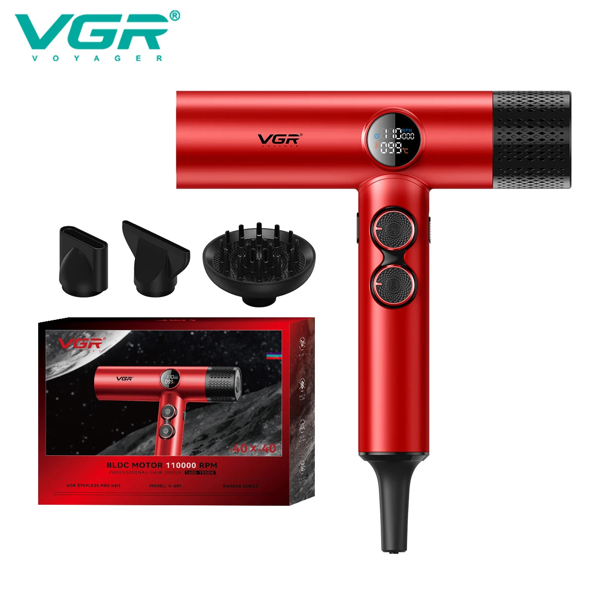 VGR Professional Hair Dryer V-401 — Hot & Cold Adjustment with Brushless Motor 110000 RPM