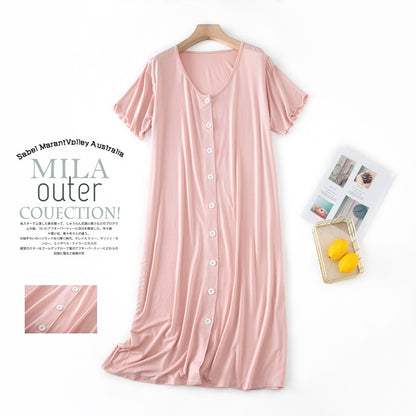 Women’s Modal Short-Sleeve Night Dress – Mid-Length Cotton Sleep Top with Buttons, Plus Size Pajamas