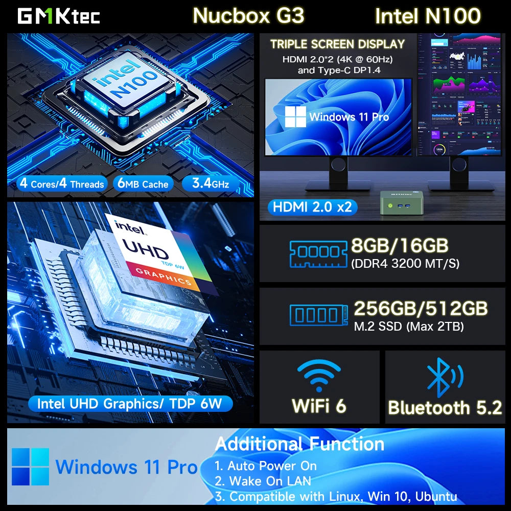 GMKtec G3 Mini PC – Intel Alder Lake N100, Windows 11 Pro, 8/16GB RAM, 256/512GB SSD, WiFi 6 & BT5.2 Desktop Computer