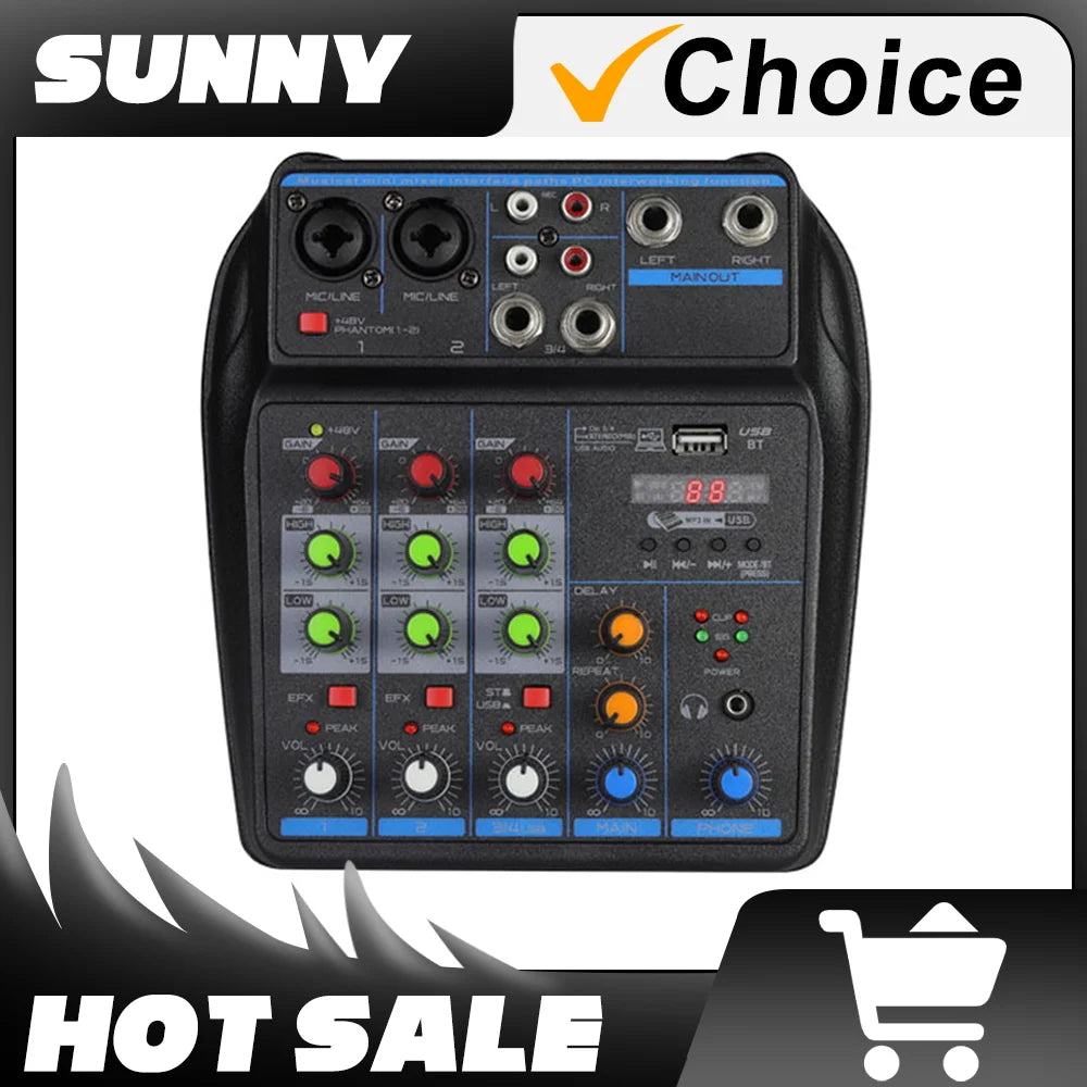 4-Channel DJ Mixer Console with Bluetooth – USB Audio Mixer, 48V Phantom Power, Karaoke Monitor System