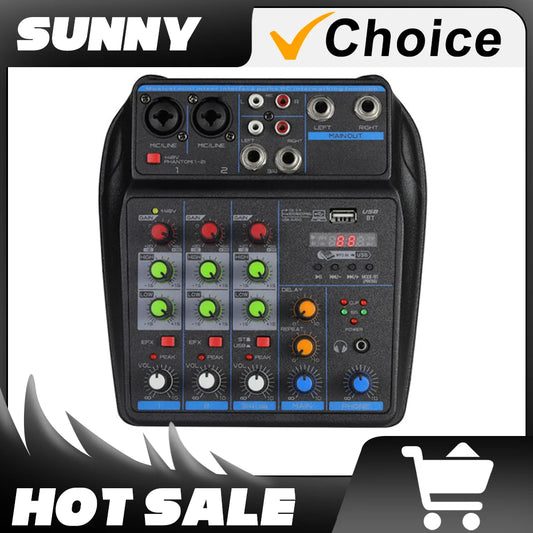 4-Channel DJ Mixer Console – Bluetooth Audio Mixer with 48V Phantom Power, USB & Karaoke Monitor System