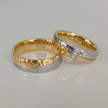 Hammered Couple Wedding Rings - 14K Gold-Plated Titanium Rings for Men & Women