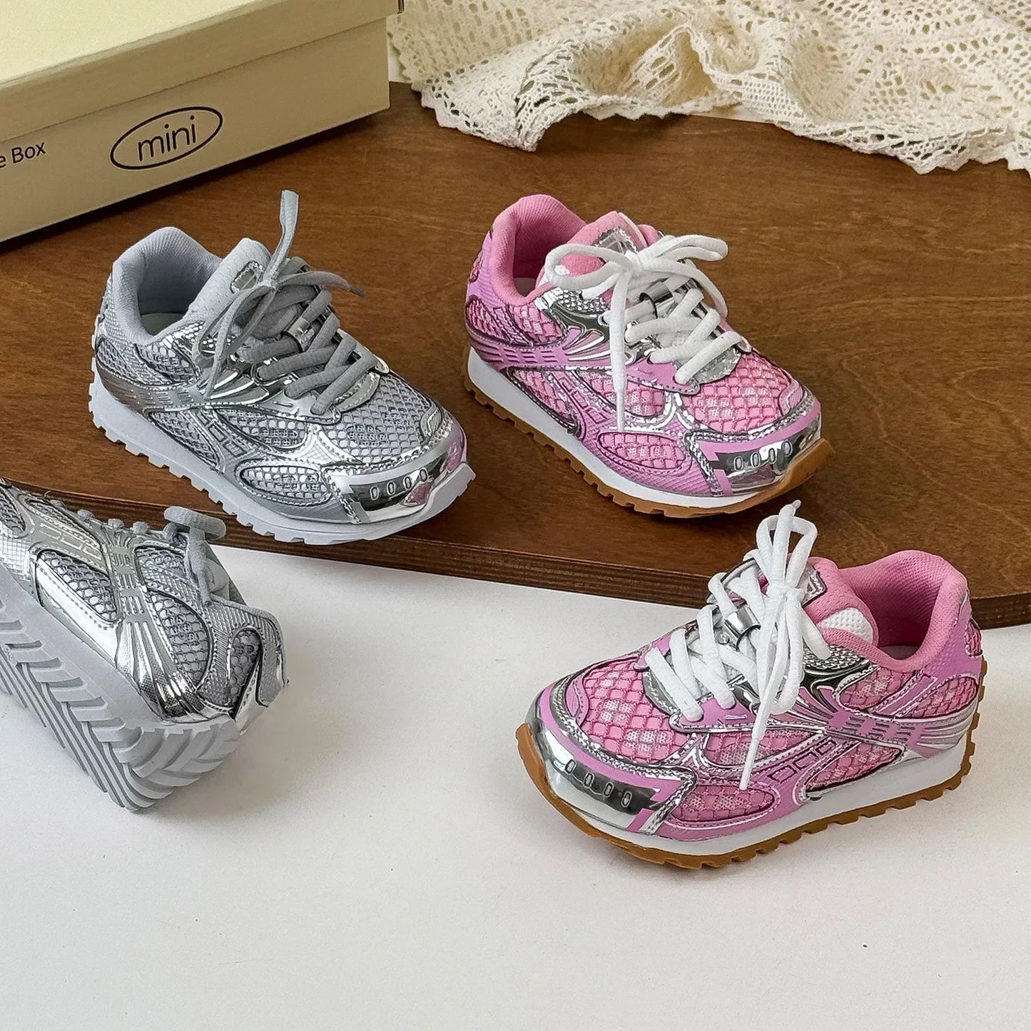 Kids Breathable Mesh Sneakers - Casual Metallic Rubber Walking & Sports Shoes for Boys & Girls