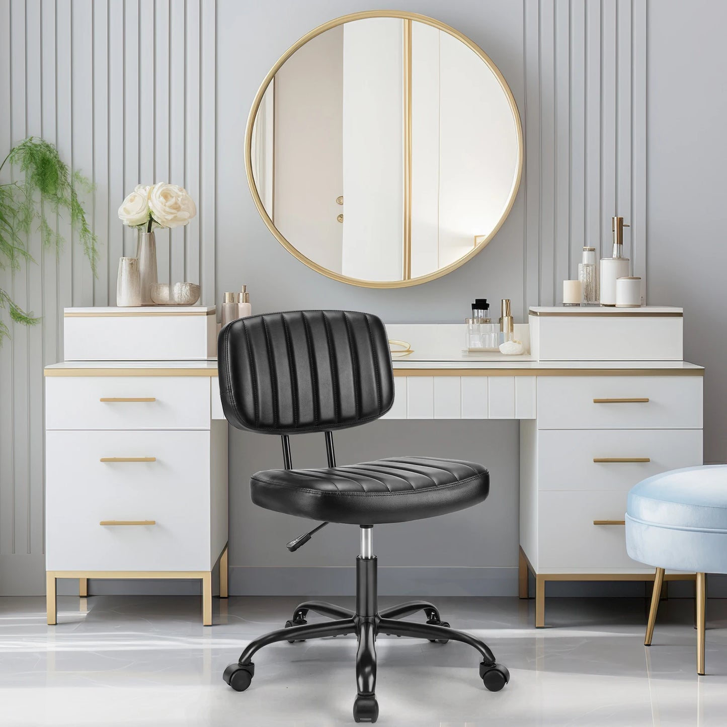 Armless Office Desk Chair – Height Adjustable PU Leather with Lumbar Support & 360° Swivel Wheels