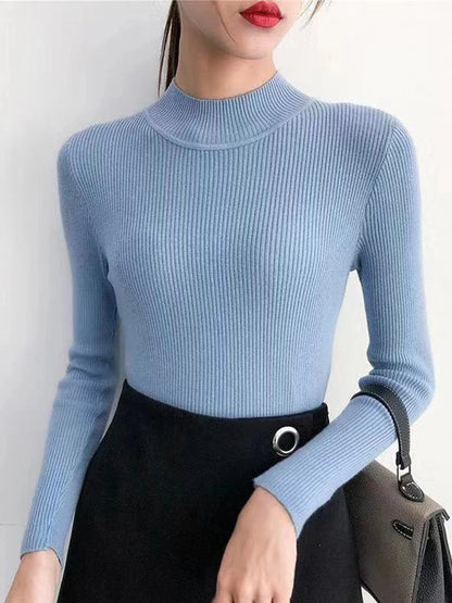 Autumn Winter Women's Mock Neck Sweater - Vintage Solid Knitted Casual Slim Pullover, Chic Korean Jumper Tops