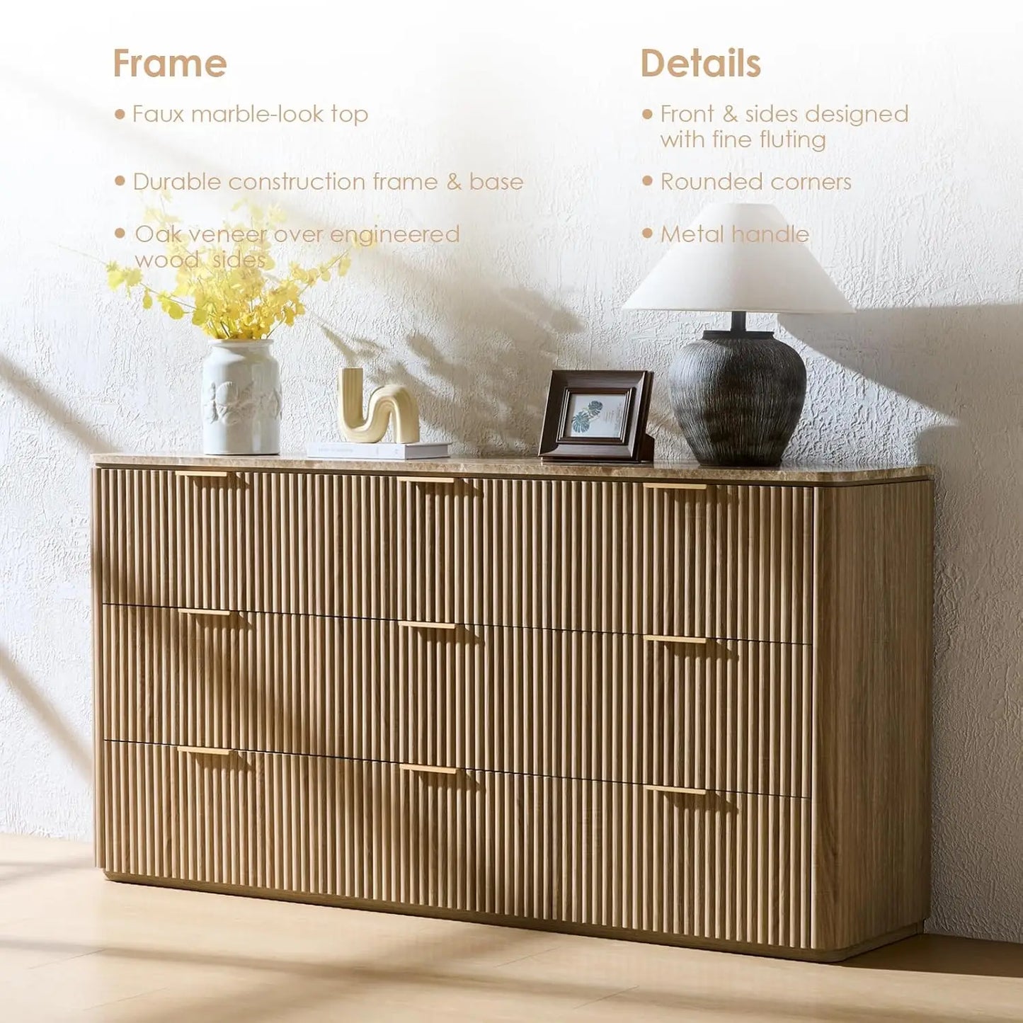 63" Fluted 9-Drawer Bedroom Dresser – Modern Chest with Faux Marble Top, Curved Corners & Customizable Storage Cabinet