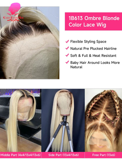 13x6 Lace Frontal Human Hair Wig - Ombre Blonde 1B 613 Pre-Plucked Lace Front Wig for Women