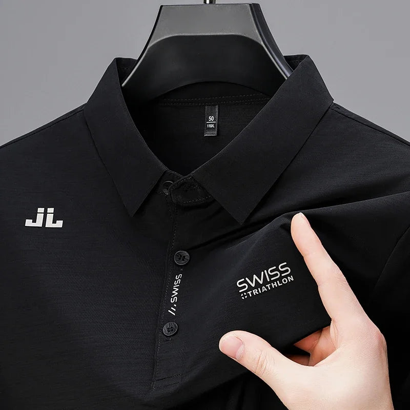 Men's Business Casual Polo Shirt - Short Sleeve Solid Color Top with Badge Detail