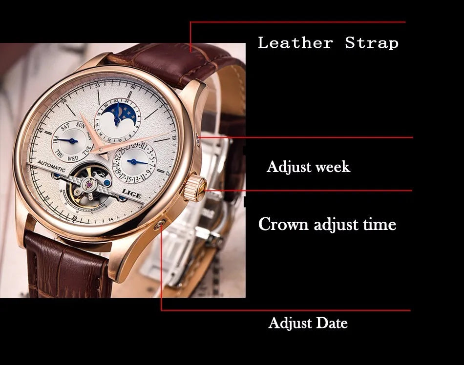 LIGE Men's Automatic Mechanical Tourbillon Watch - Waterproof Genuine Leather Military Wristwatch