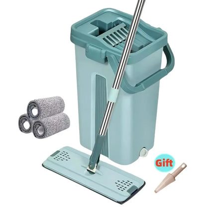 Scratch-Free Flat Mop — Hand Washable Household Wooden Floor Mop with Rotating Bucket, Lazy Mop Design