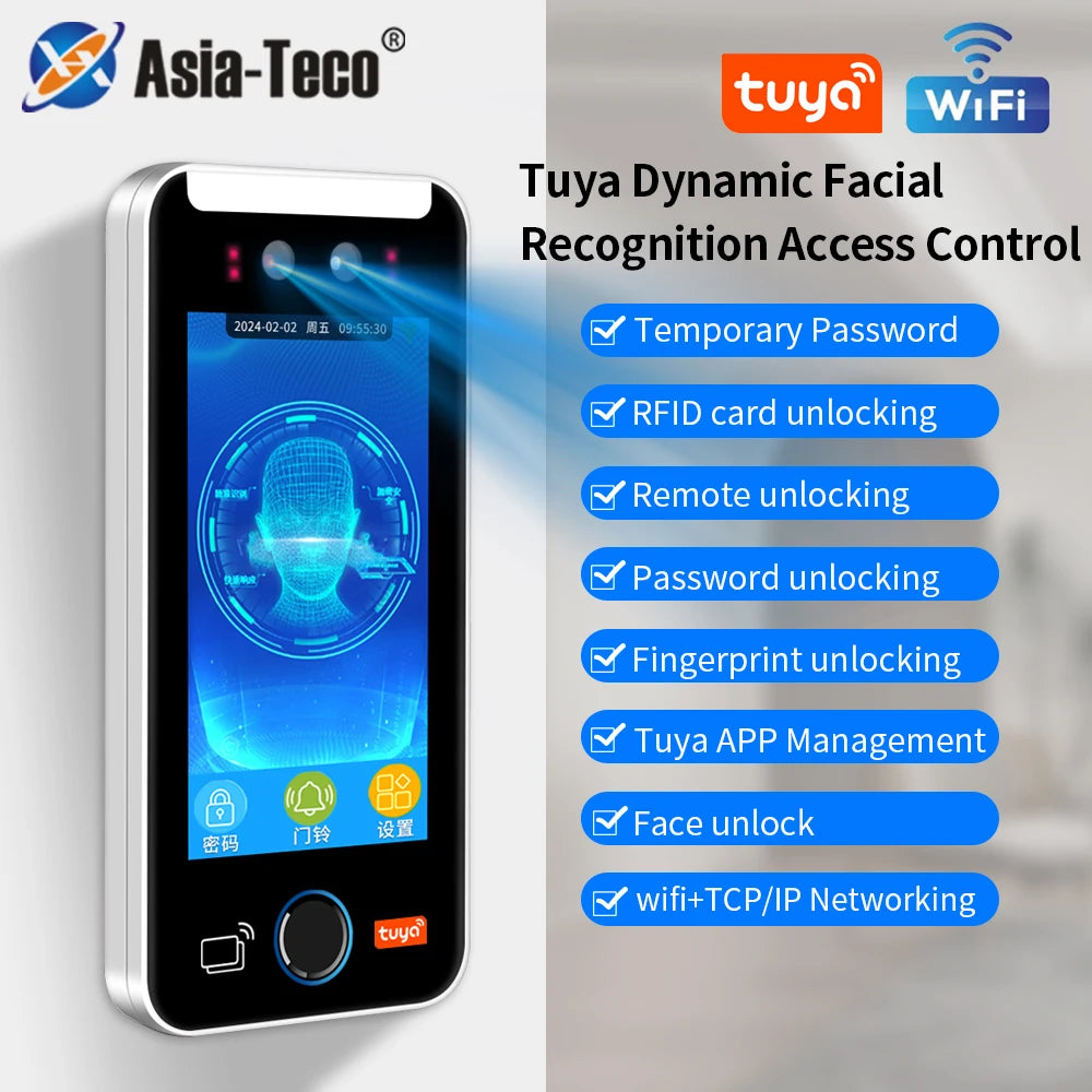 Asia Teco 5-Inch Face Recognition Access Control – WiFi TCP/IP Attendance Machine with Tuya App & Fingerprint Scanner