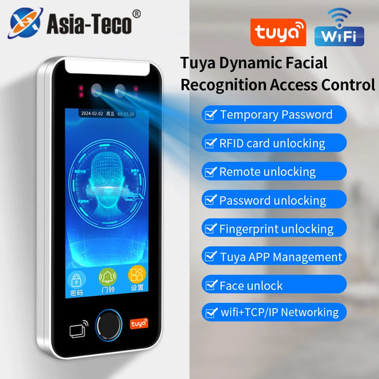 Asia Teco 5-Inch Face Recognition Access Control – WiFi TCP/IP Attendance Machine with Tuya App & Fingerprint Scanner
