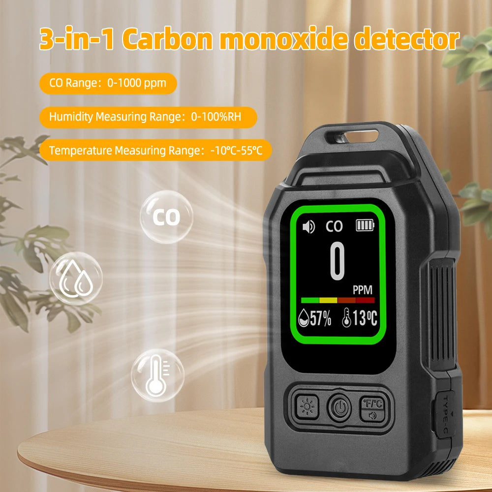 Yieryi 3-in-1 CO Gas Leak Detector - Portable Carbon Monoxide Alarm with Flashlight, Temperature & Humidity Meter for Indoor Use