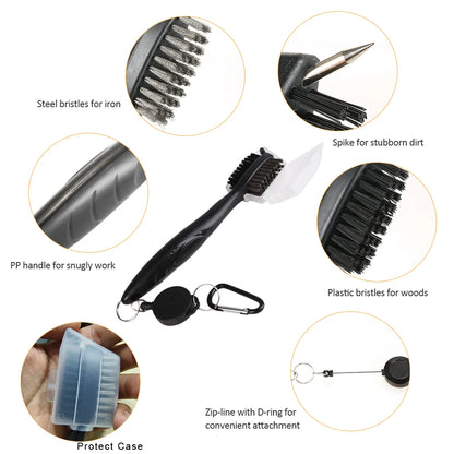 Golf Club Brush with Protective Case: 2-Sided Golf Groove Cleaner Kit for Putter, Wedge, and Ball Groove Cleaning