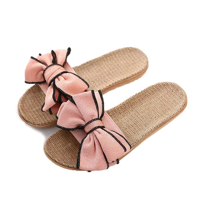Mntrerm 2024 Women's Casual Linen Slippers – Soft Indoor Flats with Bow-Knot, Cute Summer Home Sneakers