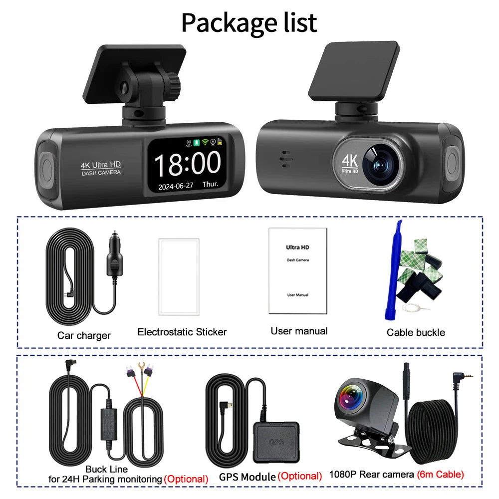 UHD 4K Dash Cam Dual Lens – 1080P Rear Lens, Built-in WiFi, GPS, 24-Hour Parking Monitoring Car DVR