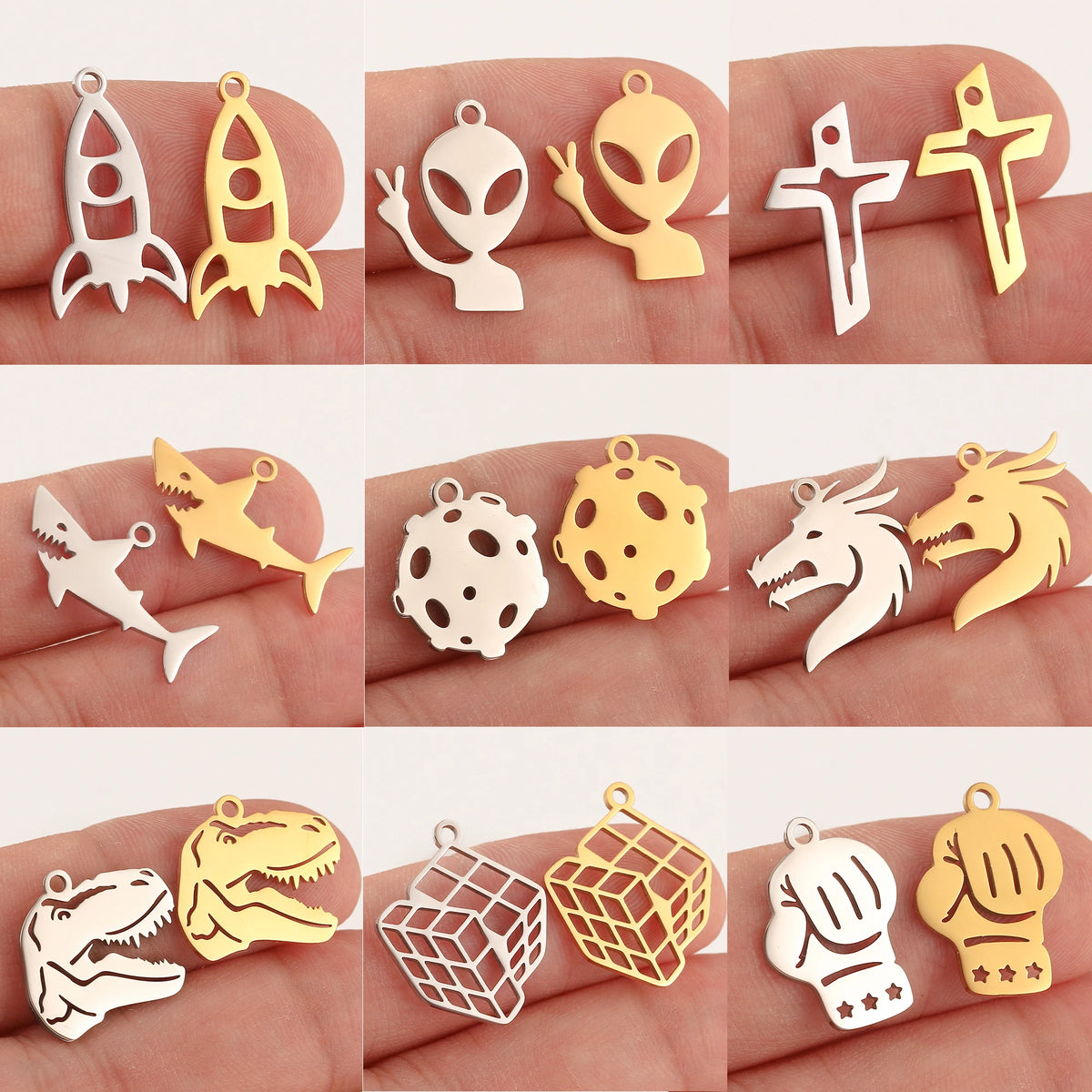 5-Piece Stainless Steel Charm Set - Magic Cube, Cross, Space Rocket, Boxing Glove, and Dinosaur DIY Jewelry Pendants