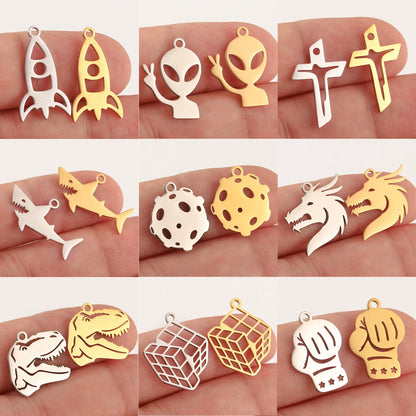 5-Piece Stainless Steel Charm Set - Magic Cube, Cross, Space Rocket, Boxing Glove, and Dinosaur DIY Jewelry Pendants