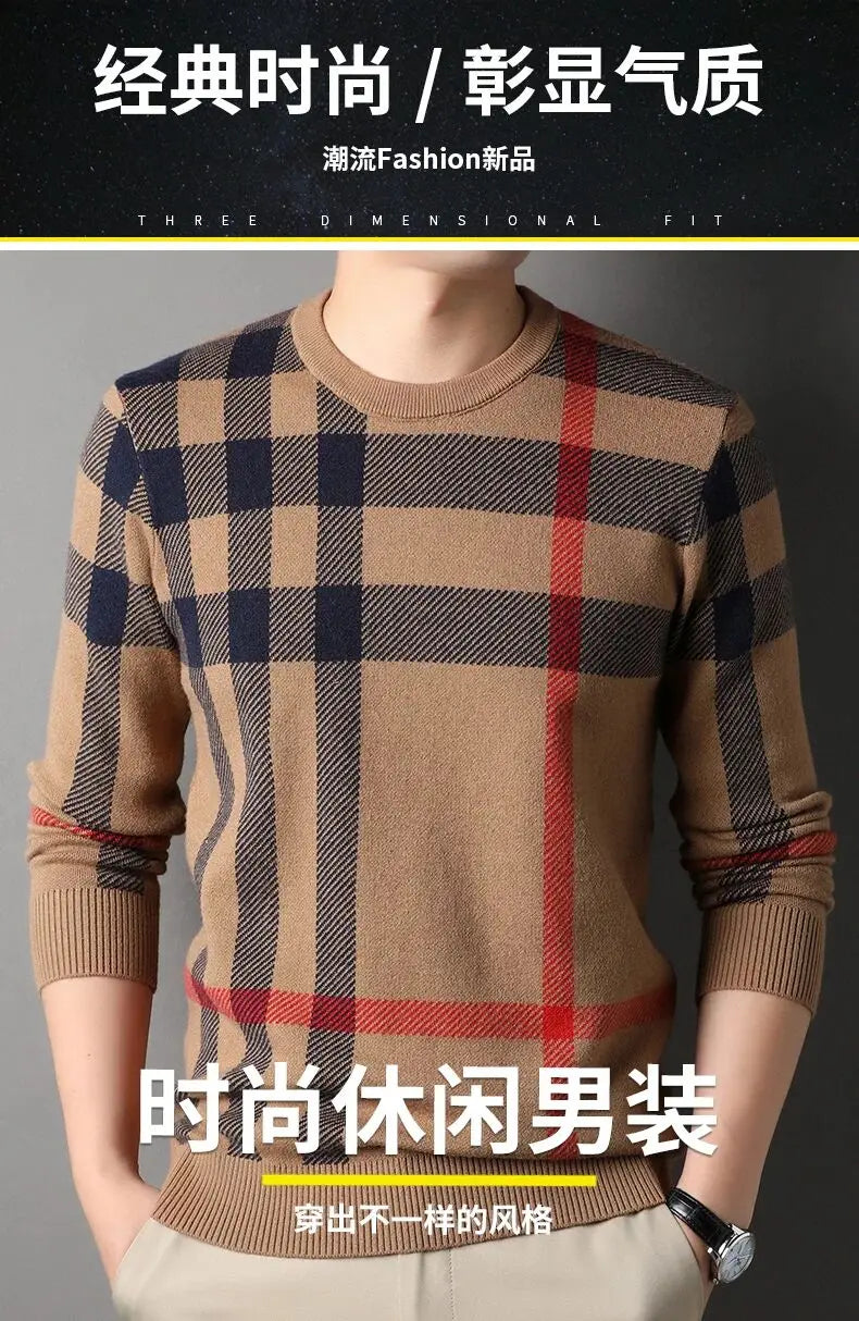 Luxury Men’s Knitted Wool Pullover – Autumn Winter O-Neck Striped British Casual Sweater