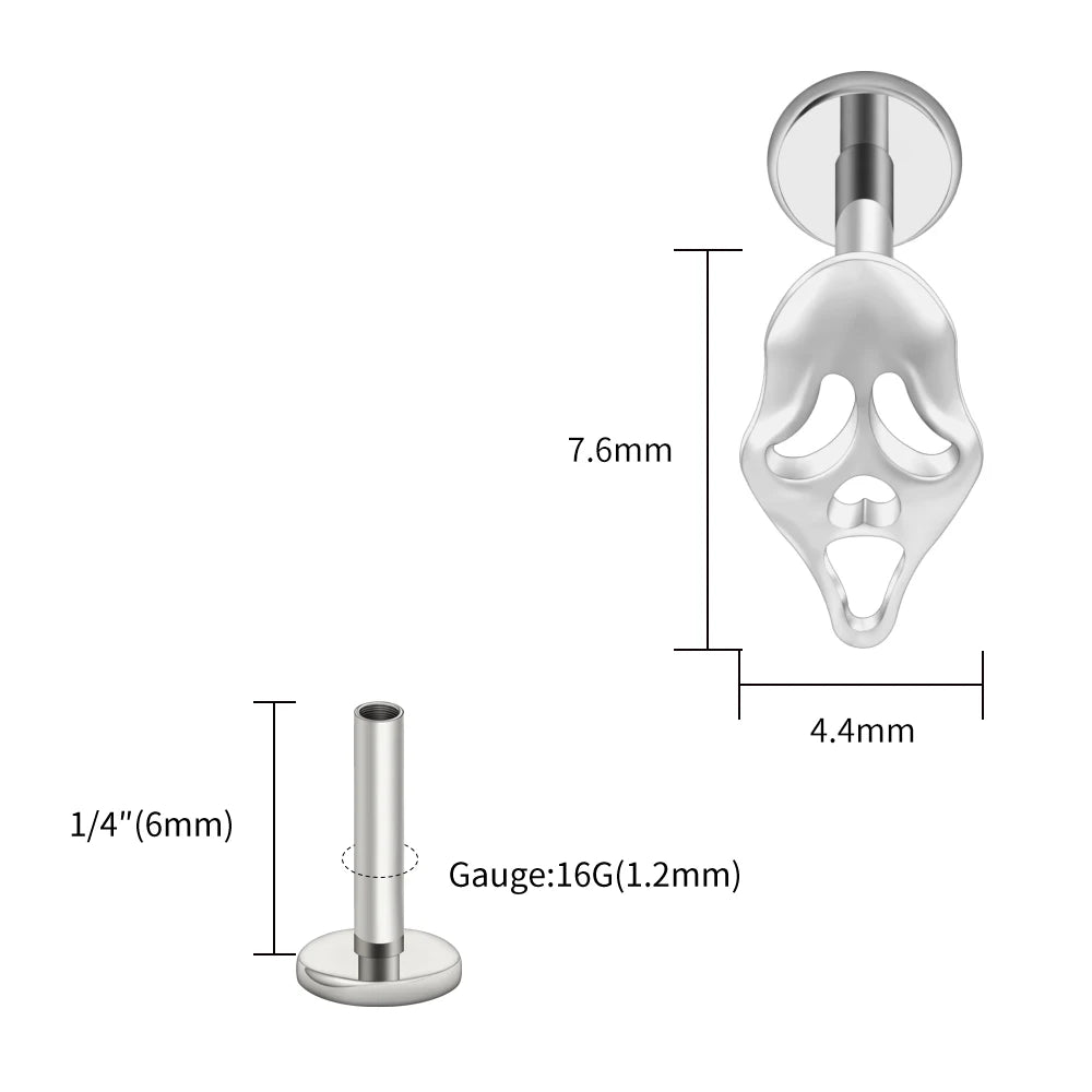 Right Grand ASTM F136 Titanium 16G Ghost Face Flat Back Earring – Halloween CZ Cartilage Stud for Helix, Labret & Nose Piercing Jewelry