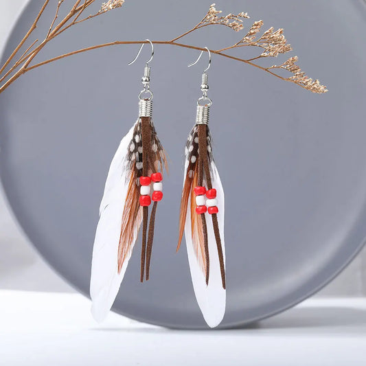 Red Feather Tassel Earrings - Bohemian Beaded Fashion Jewelry Accessories for Women