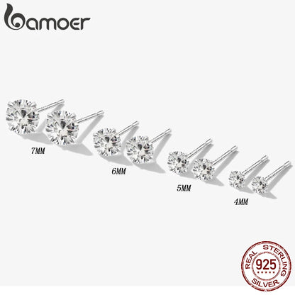 Bamoer 925 Sterling Silver CZ Stud Earrings – Platinum Plated Round Cubic Zirconia Barbell, Hypoallergenic, 4-7mm