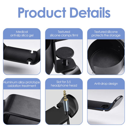 2-in-1 Desk Cup Holder with Headphone Hanger - 360° Rotation, Adjustable Arm Clamp, Headset Hook, and Bottle Holder