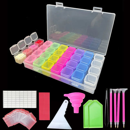 28-Grid Diamond Painting Storage Box – With Funnel, Sticker, Pen, and Embroidery Accessories Container