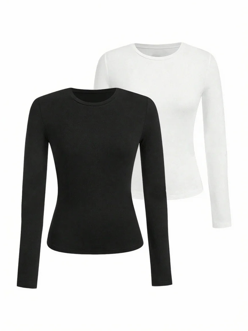 Women's Solid Color Long Sleeve T-Shirt – Round Neck Knitted Polyester Regular Fit Fall Winter Top