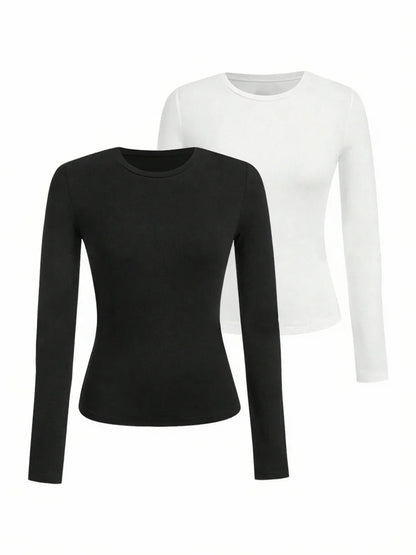 Women's Solid Color Long Sleeve T-Shirt – Round Neck Knitted Polyester Regular Fit Fall Winter Top