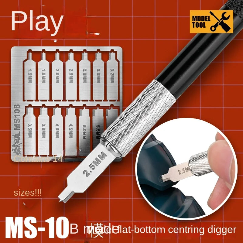 MS108 Flat Bottom Hole Drilling Craft Tool Set with Handle – Etched Sheet Knife for DIY Military Model Building
