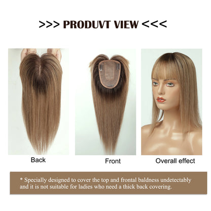 Straight Ombre Brown Remy Human Hair Topper – 100% Silk Base Clip-in Wig with Bangs, Hair Extension for Women