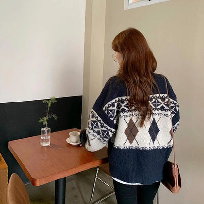 HELIAR Women’s Korean Patchwork Cardigan – Vintage Argyle Knit Sweater with Long Sleeves & Casual O-Neck