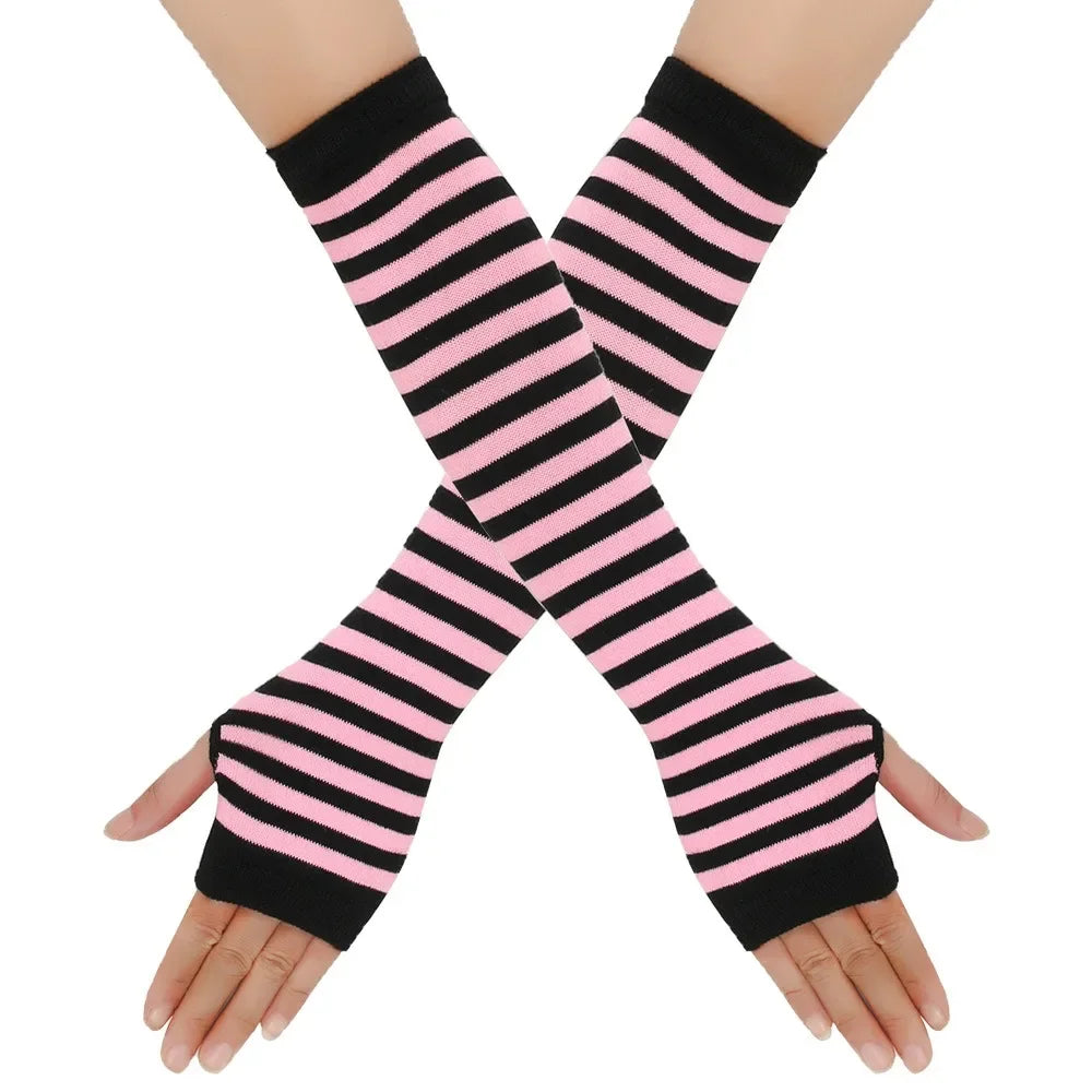 Warm Knitted Long Fingerless Gloves – Striped Elbow Mittens for Women, Fashion Christmas Gift