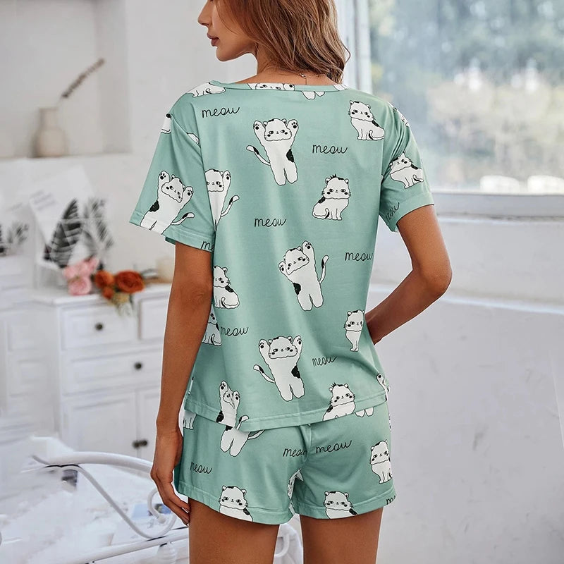 Women’s Pajama Set — 2-Piece Short Sleeve Cartoon Print Sleepwear Top & Pants Loungewear