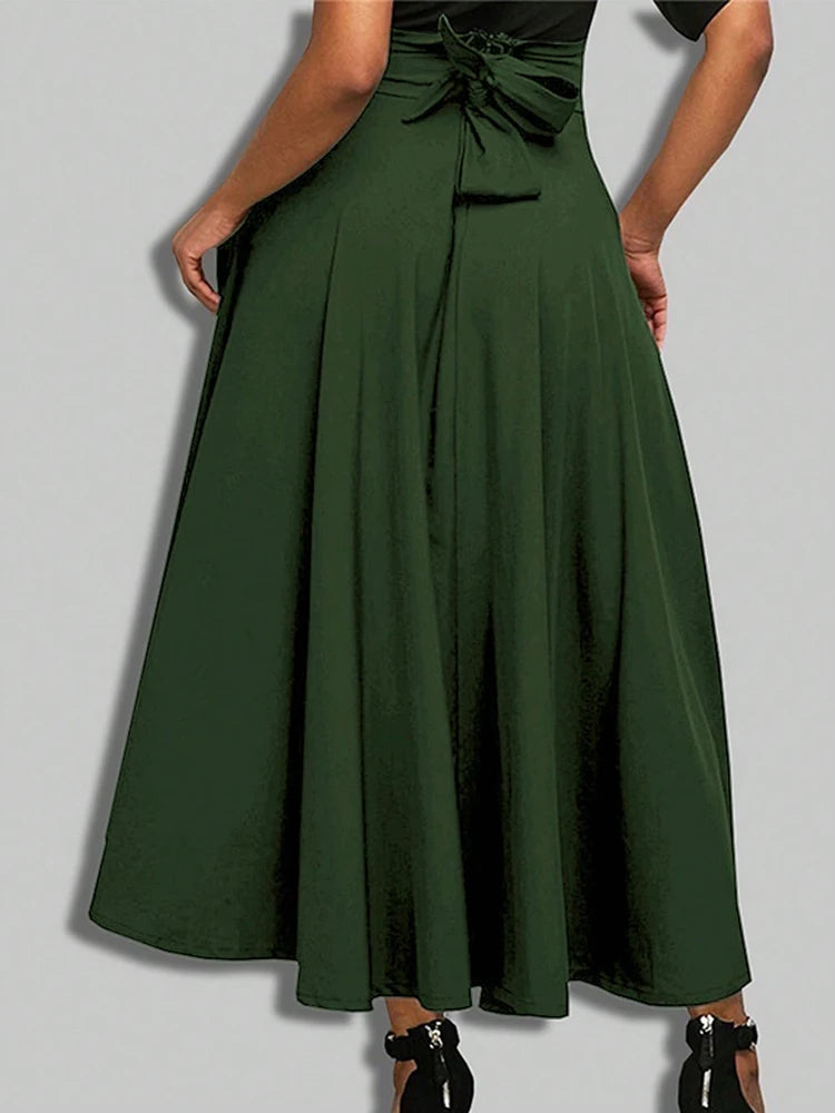 Women’s Solid Color A-Line Skirt – High Elastic Waist Long Elegant Skirt with Bow Detail Casual Fashion Skirt for Women Clothing
