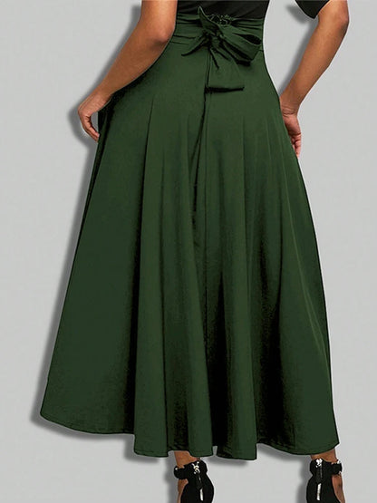 Women’s Solid Color A-Line Skirt – High Elastic Waist Long Elegant Skirt with Bow Detail Casual Fashion Skirt for Women Clothing