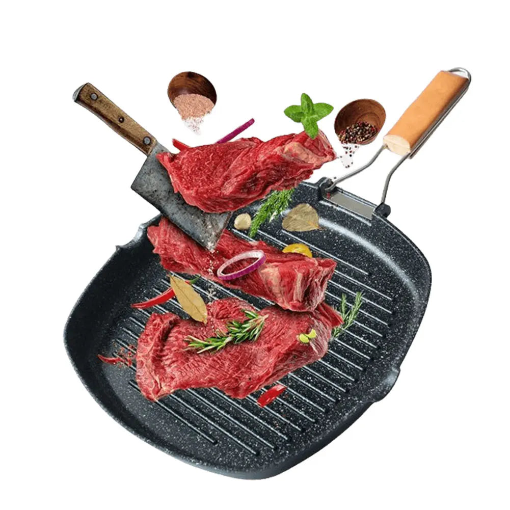 Foldable Portable Grill Pan – Double-Mouth Steak Pan with Anti-Scald Wooden Handle for Outdoor Cooking