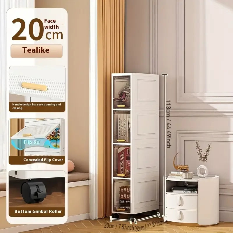 20cm Slim Storage Cabinet - 3/4/5 Tier Narrow Rolling Organizer Shelf with Wheels for Space-Saving Home Storage