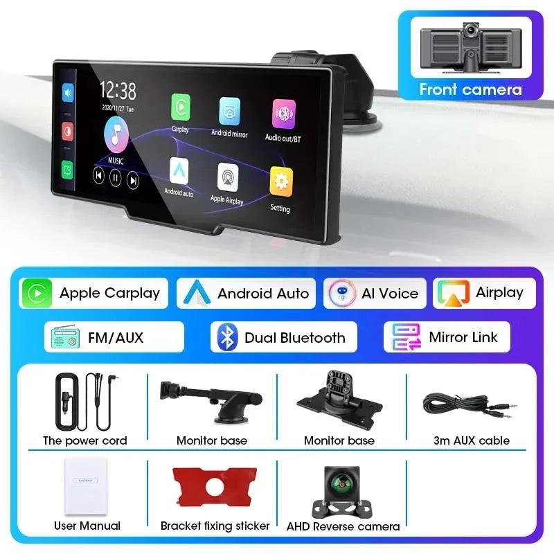 10.26'' 4K Car DVR Dashcam with CarPlay, Android Auto, Dual Lens Front 4K + Rear 1080P, Voice Control, GPS, BT, FM