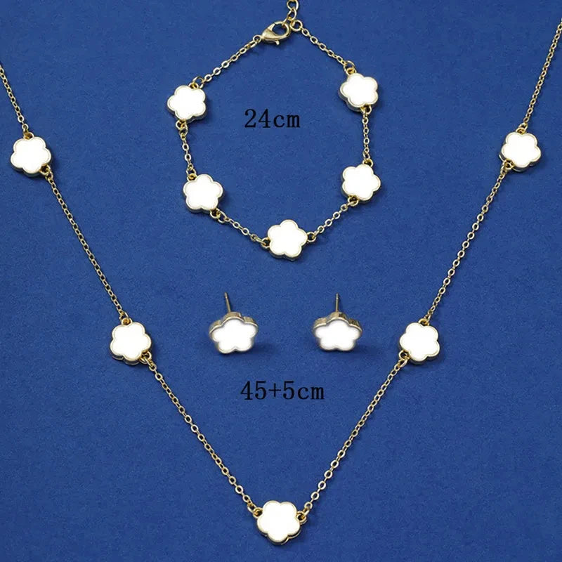 Lucky Five-Petal Flower & Clover Bracelet, Earrings, Necklace Set – Stylish Women's Party Jewelry Accessories