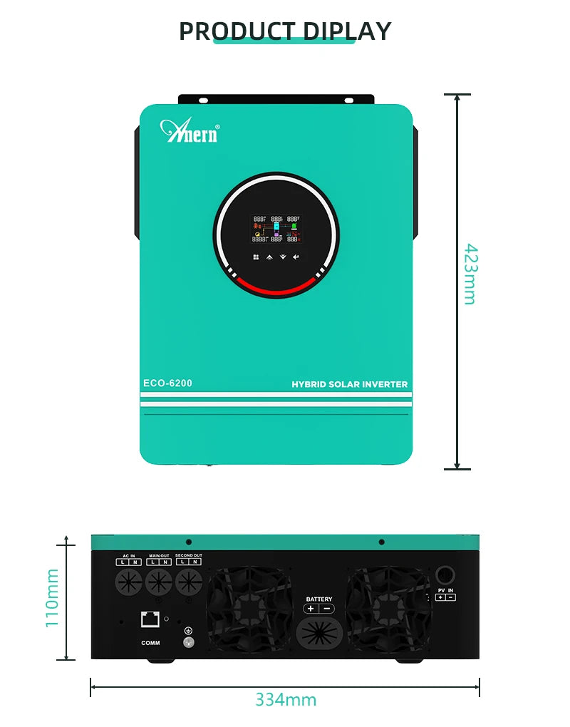 Solar Off-Grid Hybrid Inverter 3600W/4200W/6200W - MPPT Controller 24V/48V/220V, 120A, for Hybrid Solar Systems