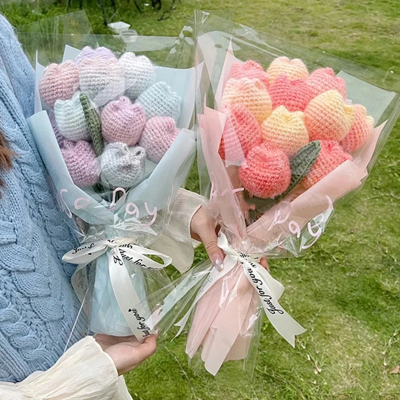 Tulip & Sunflower Knitting Flower Bouquet – Handcrafted Crochet Carnations, DIY Handmade Fake Flowers for Decor