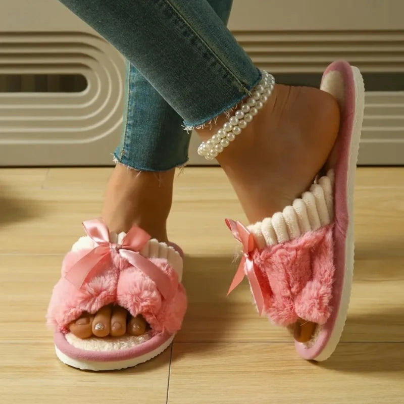 Autumn Winter Plush Bow Slippers – Cute Warm Fluffy Indoor Slides for Women & Men