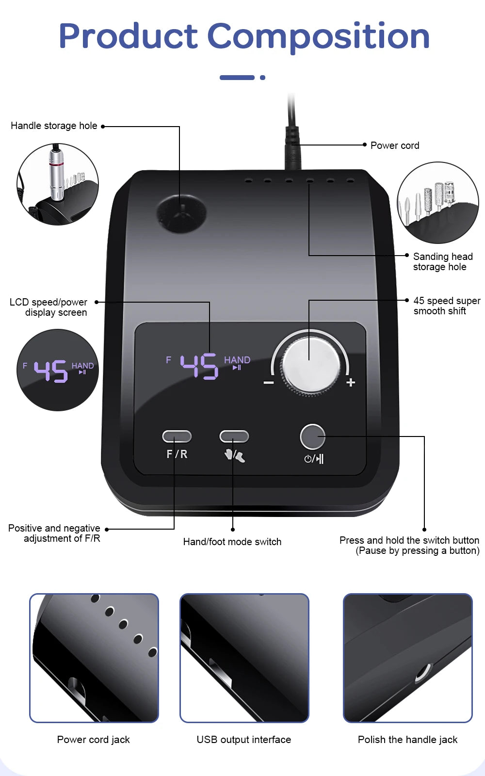45000 RPM Electric Nail Drill Machine, Professional Metal Manicure Pen, HD Display Nail File & Sander for Nails
