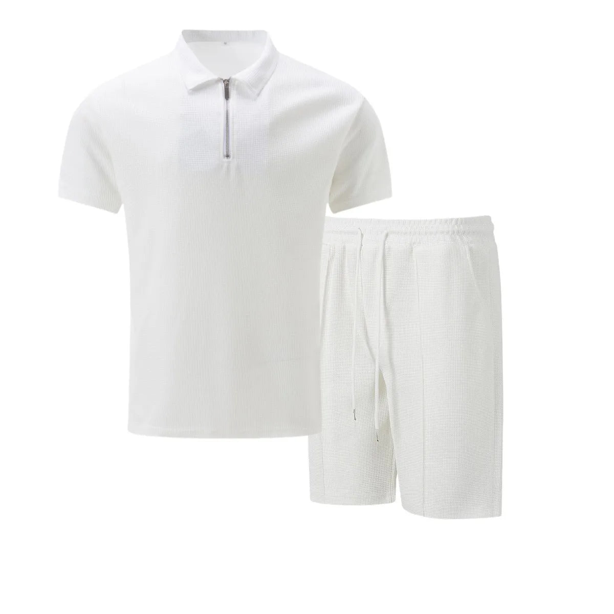 2025 Men's Summer Waffle Knit Short Set – Solid Color Zip-Up Lapel Shirt & Shorts | European & US Style