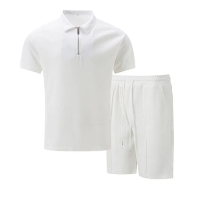 2025 Men's Summer Waffle Knit Short Set – Solid Color Zip-Up Lapel Shirt & Shorts | European & US Style