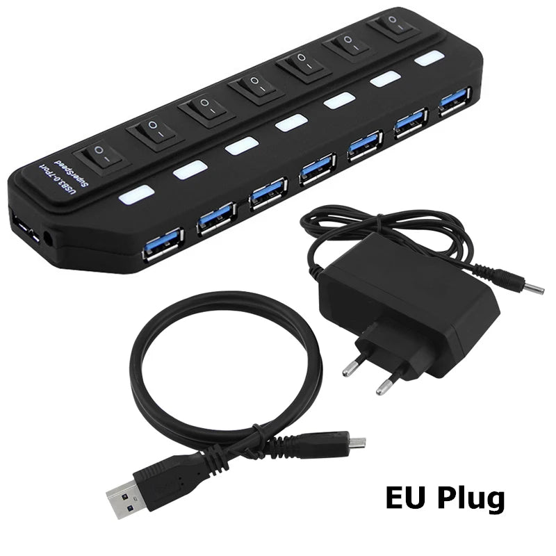 7-Port USB 3.0 Hub - High Speed 5Gbps Splitter with Power Switch & Long Cable for Multiple Device Expansion